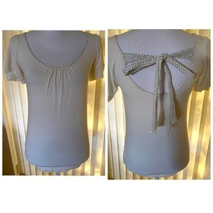 Forever 21 White Black Polka Dot Ruches Bow Tie Back Blouse